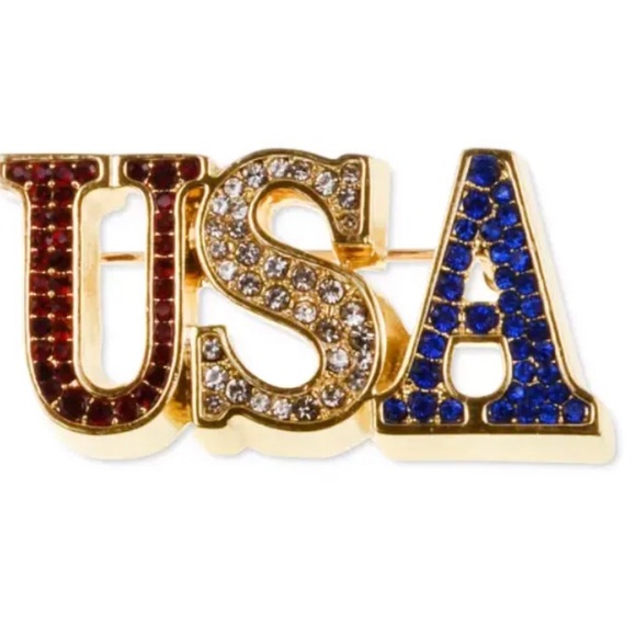 USA PATRIOTIC RHINESTONE BROOCH LAPEL PIN SET IN GOLD TONE RED WHITE BLUE - Picture 2 of 2
